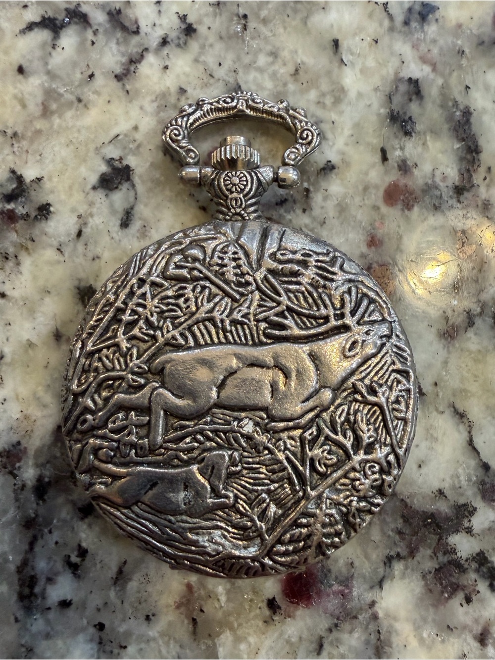 VTG Calvin Hill Silver-Tone Men's Pocket Watch with Hound & Deer Relief